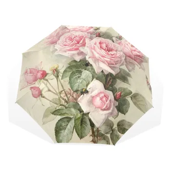Derlius Skurdus Gėlių Moterų Lietaus, Skėtis Prašmatnus Pink Rose Tris Lankstymo Mergina Patvarus Nešiojamų Skėčiai Automatinė Lietaus Pavara