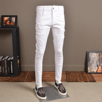Mados Vyrų Liesas Džinsus Streetwear Elastinės Baltos Nelaimę Pants Cowboys