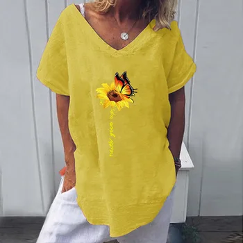 2020 Saulėgrąžų Spausdinti Moterų Vasaros marškinėliai Atsitiktinis Palaidų Plius Dydis S-5XLBat Rankovėmis Marškinėliai Mados V-kaklo Gatvės Moterų Tee Viršūnės