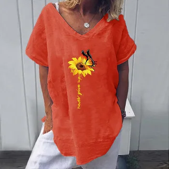 2020 Saulėgrąžų Spausdinti Moterų Vasaros marškinėliai Atsitiktinis Palaidų Plius Dydis S-5XLBat Rankovėmis Marškinėliai Mados V-kaklo Gatvės Moterų Tee Viršūnės