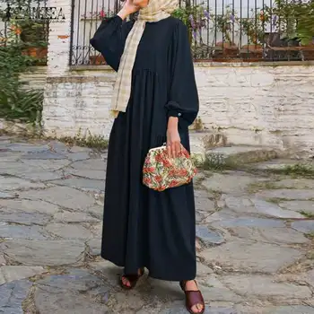 Retro Musulmonų Suknelė Moterims Abaja Turkija Suknelė, Hijab ZANZEA Atsitiktinis Ilgio Sluoksniuotos Rankovėmis Kietas Sundress Islamo Drabužių Dubajus Skraiste, 5XL
