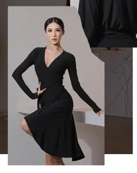 Lotynų Šokių Suknelė Suaugusiųjų Juoda Kutas ilgomis rankovėmis suknelė salsa suknelė Samba tango, Šokiai, Kostiumai dresss 2053