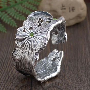 LouLeur 990 sterlingas sidabro jade bangles rankų darbo lotoso lapai gamtos hetian jasper jade bangles moterų žavesio papuošalai dovana