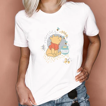 Vasaros Kawaii Mikė Pūkuotukas ir Medaus Grafinis Juokingas Animacinių filmų T-shirt Moterims, Harajuku Marškinėliai Baltos spalvos Marškinėlius Anime Mergina Viršūnės