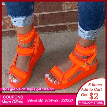 Moterų Sandalai Hook & Loop Platforma Open Toe Oranžinės spalvos Sandalai Moterims Butas 2020 metų Vasaros Lauko Paplūdimio Bateliai Moterų Sandalai Girils