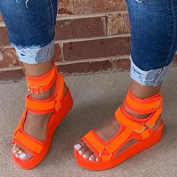 Moterų Sandalai Hook & Loop Platforma Open Toe Oranžinės spalvos Sandalai Moterims Butas 2020 metų Vasaros Lauko Paplūdimio Bateliai Moterų Sandalai Girils