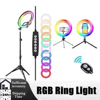 10 colių RGB Šviesos Žiedas Su Trikoju Telefono Įrašą Selfie Spalvinga Fotografija Apšvietimo Studija Vlogging Trumpą 