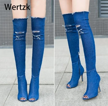 Wertzk Moterų Batai vasarą, rudenį peep toe Per kelius siekiantys Batai Aukštos kokybės elastiniai džinsai mada batai aukštakulniai batai S249