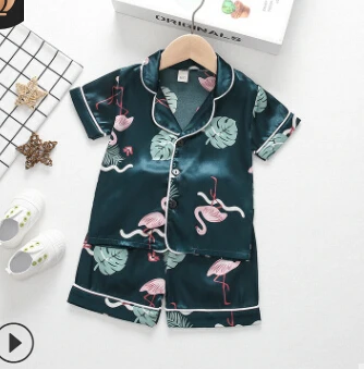 Baby Girl Boy Pižama Nightclothes Trumpas Rankovės Vasaros Marškinėliai Nustatyti V-Kaklo Atvartas Flamingo Lapų Spausdinti