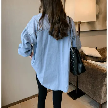 2021 m. Pavasarį Naujas camisa džinsai feminina Marškinėliai medvilnės Moterų ilgomis Rankovėmis moterų džinsinio Marškinėliai prarasti korėjos plius dydžio palaidinė 7256 50