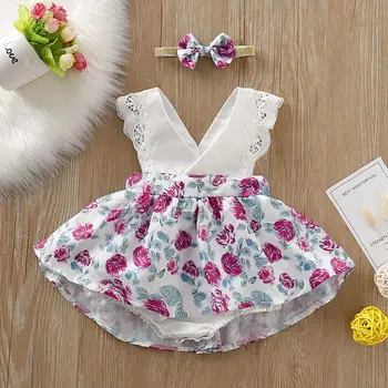 PatPat 2020 Naujas Vasaros Kūdikių Bamblys Mergina Nėrinių Dekoras Gėlių Allover Rankovių Suknelės Su Lankas Lankelis vaikiški Drabužiai