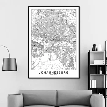 Johanesburgo Juoda Balta Užsakymą Pasaulio Miesto Žemėlapį Plakatus Spausdina Šiaurės Stiliaus Sienos Menas Nuotraukos Namų Dekoras Drobė, Tapyba