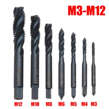 7pcs HSS M3 M4 M5 M6 M8 M10 M12 Metrinių Plug Bakstelėkite Mašina Varžto Sriegio Grąžtas Composite Grąžtai Bitų Rinkinys
