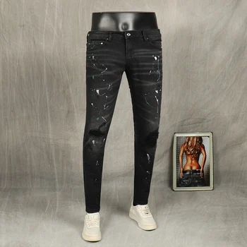 Amerikos Streetwear Mados Vyrų Džinsai, Juoda Spalva Dažyti Dizaineris Kankina Džinsinio Punk Elastinės Kelnės Slim Fit Hip-Hop Kelnės