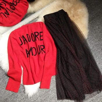 Nauja micro dienoraštį pat raudonųjų raidžių džemperis moterims, s naujų rudenį Polka Dot tinkleliu Sijonas Rinkinys