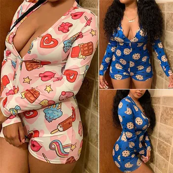 2019 Seksuali Moteris Giliai V-kaklo Bodycon Sleepwear Jumpsuit Mygtuką Bodysuit Šortai Romper Bodysuit Leotard ilgomis Rankovėmis Spausdinti Bodysuit