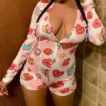 2019 Seksuali Moteris Giliai V-kaklo Bodycon Sleepwear Jumpsuit Mygtuką Bodysuit Šortai Romper Bodysuit Leotard ilgomis Rankovėmis Spausdinti Bodysuit