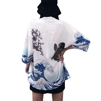 Harajuku Japonų Kimono Spausdinti Chimono Vasaros Cosplay Yukata Moterų Viršūnės Nuo Saulės Mados Plonas Laisvas Palaidinė