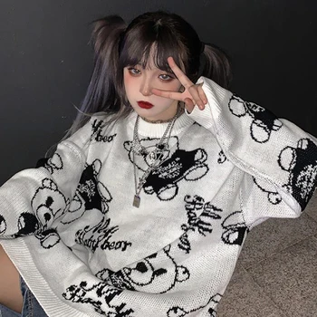 Korėjos Ulzzang Japonijos atsitiktinis animacinių filmų plius dydis moterų Streetwear lokys megztinis plius dydis prarasti mielas punk hip-hop megztinis