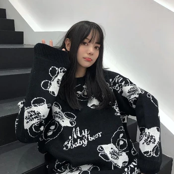 Korėjos Ulzzang Japonijos atsitiktinis animacinių filmų plius dydis moterų Streetwear lokys megztinis plius dydis prarasti mielas punk hip-hop megztinis