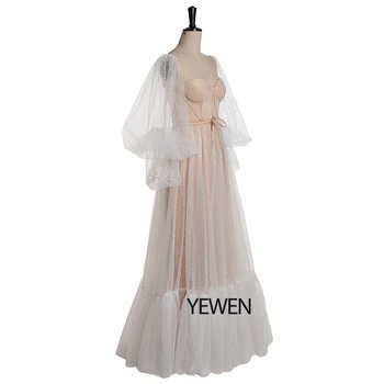 Champgne/Balta Off Peties 2020 M. Princesė Prom Dresses Polka Dot vakarinę suknelę ilgio Sluoksniuotos Rankovėmis Plius Dydis oficialų suknelė