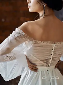 Linijos Boho Paplūdimys Vestuvių Suknelė Nėrinių Aplikacijos Satino Sluoksniuotos Rankovėmis Off Peties Elegantiškas Princesė 2021 Nuotakos Suknelės Dėvėti Verngo