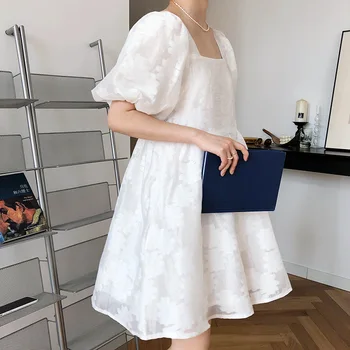 2020 Metų Vasaros Moterų Balta Suknelė Kvadratinių Kaklo Laisvo Stiliaus Sluoksniuotos Rankovėmis Organza Žakardo Dizaino Moterys Šalis Suknelė Vestidos