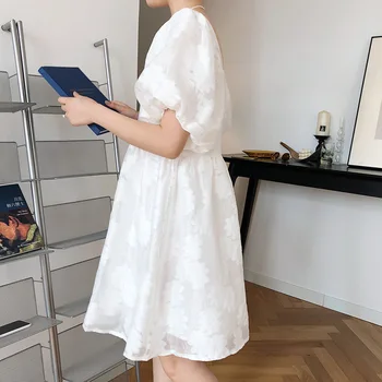 2020 Metų Vasaros Moterų Balta Suknelė Kvadratinių Kaklo Laisvo Stiliaus Sluoksniuotos Rankovėmis Organza Žakardo Dizaino Moterys Šalis Suknelė Vestidos