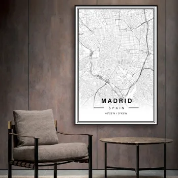 TIKRAI GYVENIME Juoda ir Balta Madrido Miesto Žemėlapį Platuma, Ilguma Spaudinių Plakatą, Minimalistinę Tapybos Drobės Skaitmeninis Menas Sienos Nuotraukas