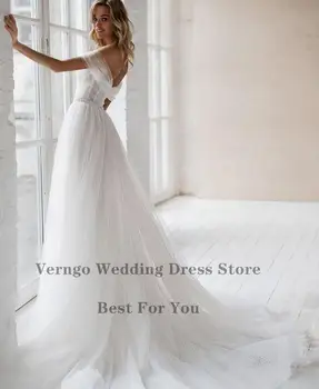 Verngo Eleagnt nuo Pečių Vestuvių Suknelė Vestuvių Linijos Tiulio Dot trumpomis Rankovėmis, 2021 Nuotakos Suknelės Su Crystal Varčios