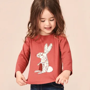 Mažai Specialistė Naujas Rudens-Pavasario Vaikai Rusvai Raudonos Aplikacijos Bunny O-kaklo Visą rankovėmis Medvilnės Megzti Merginos Atsitiktinis Tshirts Viršūnės