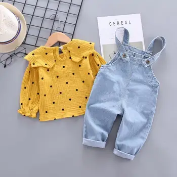 2021 baby girl pavasarį ir rudenį modelių mados ilgomis rankovėmis dirželis tiktų džinsai + ilgomis rankovėmis marškinėliai ilgomis rankovėmis dviejų dalių kostiumas