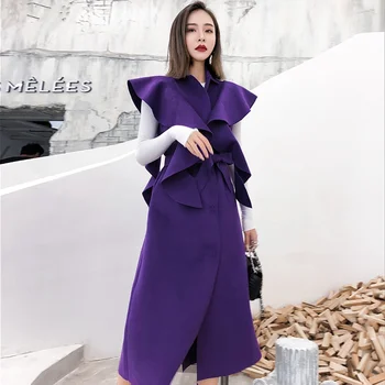 Violetinė Ilgai Vilnos Liemenė Kailis Korėjos Moterys, Kurioms Mygtuką Elegantiška Susiėmę Juostinės Dvipusis Kašmyras Vilnoniai Paltai Žiemos Outwear