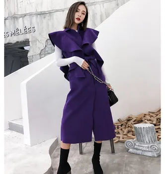 Violetinė Ilgai Vilnos Liemenė Kailis Korėjos Moterys, Kurioms Mygtuką Elegantiška Susiėmę Juostinės Dvipusis Kašmyras Vilnoniai Paltai Žiemos Outwear