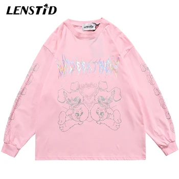LENSTID Vyrų Hip-Hop Negabaritinių Marškinėliai Monstras Triušis Spausdinti Harajuku Streetwear Tshirts 2021 M. Pavasarį ilgomis Rankovėmis vatos Pagaliukai Tees
