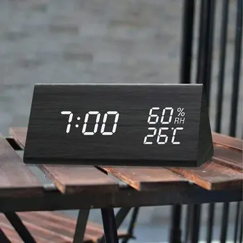 Lengvas Medienos Dvigubas Ekranas Termometras, Drėgmės Jutiklis Balta LED Energijos Taupymo Laikrodis