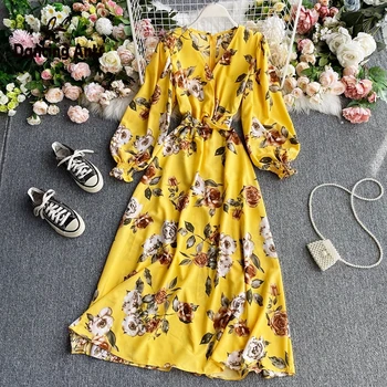Moteris-line Suknelė Trumpas SleeveV-kaklo Polka Dot Derliaus Gėlių Spausdinti Vidutinio ilgio Aukšto Juosmens Šifono Vestidos