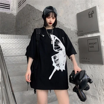 T-shirt moterims, vasaros 2020 naujas tamsūs derliaus mergaitė drugelis pora trumparankoviai pusė rankovėmis vidutinio ilgio Harajuku stilius viršų