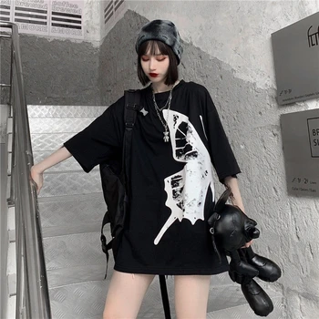 T-shirt moterims, vasaros 2020 naujas tamsūs derliaus mergaitė drugelis pora trumparankoviai pusė rankovėmis vidutinio ilgio Harajuku stilius viršų