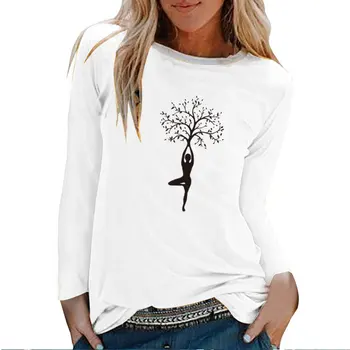Lady Medžio Print Long Sleeve T-shirts Moteris Rudens-Žiemos Marškinėliai Moterims Medvilnės Grafinis Tees Estetinės Balta O Kaklo Viršūnes Moteris