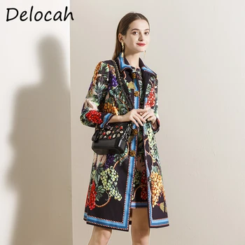 Delocah Moterų Rudens Mados Dizaineris Kailis Kristalų Duobute Vaisių Spausdinti Tiesiai Viršutiniai Drabužiai, Paltai + Rankovių Trumpos Suknelės