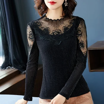 Naujų 2020 m. Rudens žiemos ilgos rankovės moterų marškinėliai Mados atsitiktinis Akių siūlės siuvinėjimo nėrinių viršūnės M-5XL plius dydis blusas