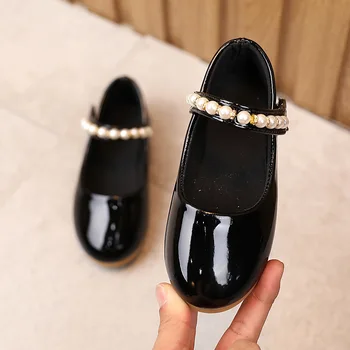 2021 mergina odiniai batai korėjos pearl sagtis Princesė Šalies batų vaikų minkšto dugno juoda maža mergaitė kūdikių rodyti shoes21-36