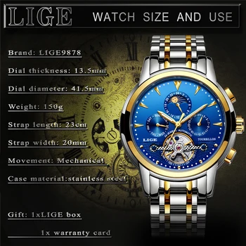LIGE Vyrai Laikrodžiai Top Brand Prabangus Automatinis Mechaninis laikrodis Vyrams Full Steel Verslo Vandeniui Sporto Laikrodžiai Relogio Masculino