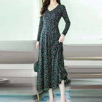 Nauja Pavasario Vasaros Moterų Suknelė Plius Dydžio Elegantiškas Print Long Sleeve V-Neck Slim Aukšto Juosmens Suknelė платье Ropa Mujer*