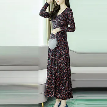 Nauja Pavasario Vasaros Moterų Suknelė Plius Dydžio Elegantiškas Print Long Sleeve V-Neck Slim Aukšto Juosmens Suknelė платье Ropa Mujer*