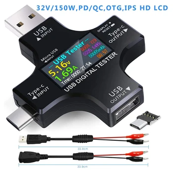 USB C Testeris,2 in 1 C Tipo USB Testeris Spalva Sn IPS Skaitmeninis Multimetras,Įtampa,Srovė,Galia,Atsparumą,Temperatūrą,su Clip