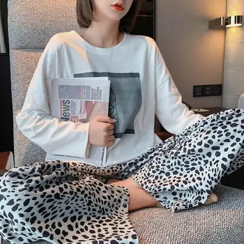 Leopard Kelnes Namų Drabužiai Moterims Sleepwear Nustatyti Pavasarį ir Rudenį Pižama Moterims Medvilnės Pijama Mujer Homewear Pyjama Femme