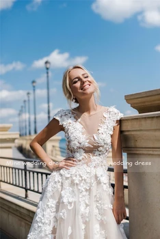 Vestido De Noiva Simple Seksualus Giliai V-kaklo 3D Gėlių Aplikacijos Šviesos Šampano Vestuvių Suknelė A-line Bridal Gown