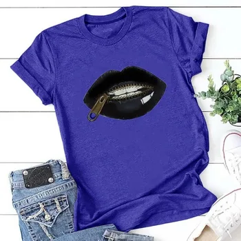 Moterų Harajuku Ullzang T-shirt Lūpų Užtrauktuką Grafinis Tshirts Vasara O-kaklo Marškinėlius Mados trumpomis Rankovėmis, Estetikos Viršūnių Tees Moteris